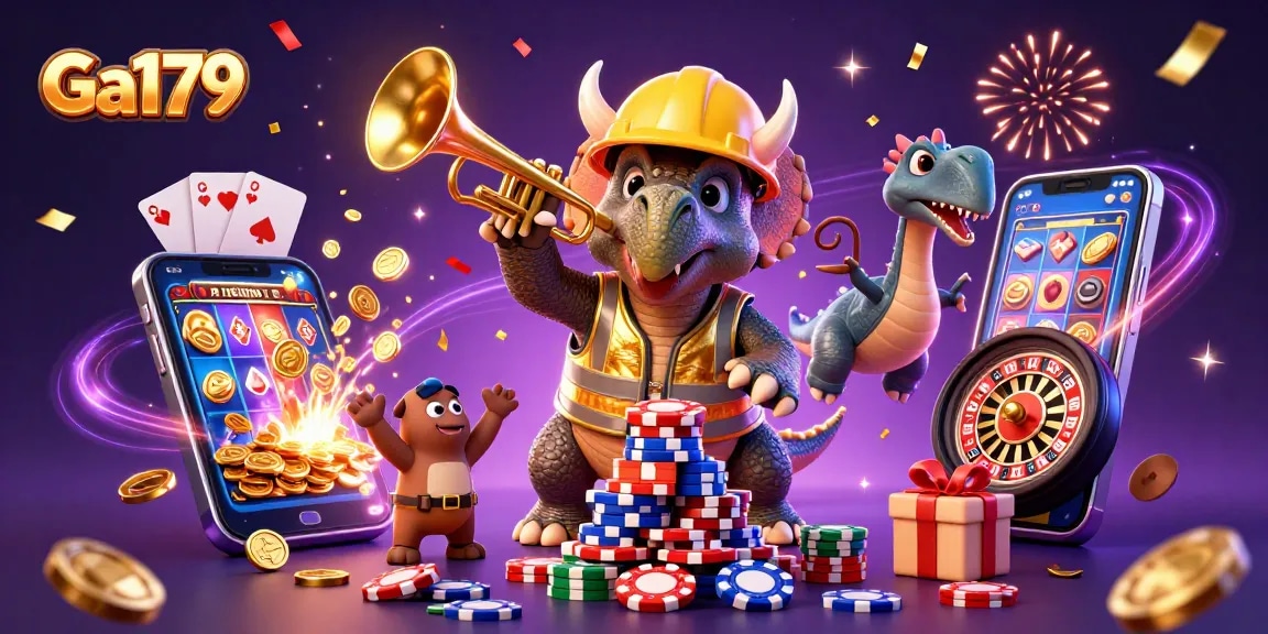Ga179 players cheer as triceratops builds poker chip pyramid in a vibrant casino scene