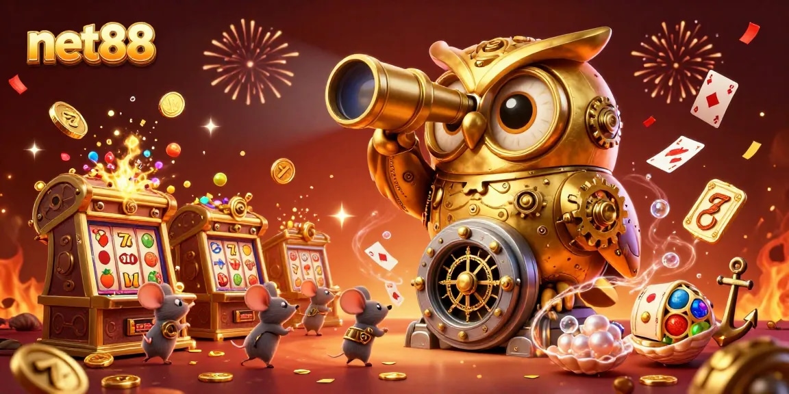 Engage with net88's vibrant casino floor featuring a golden owl, lucky slots, and lively game elements.