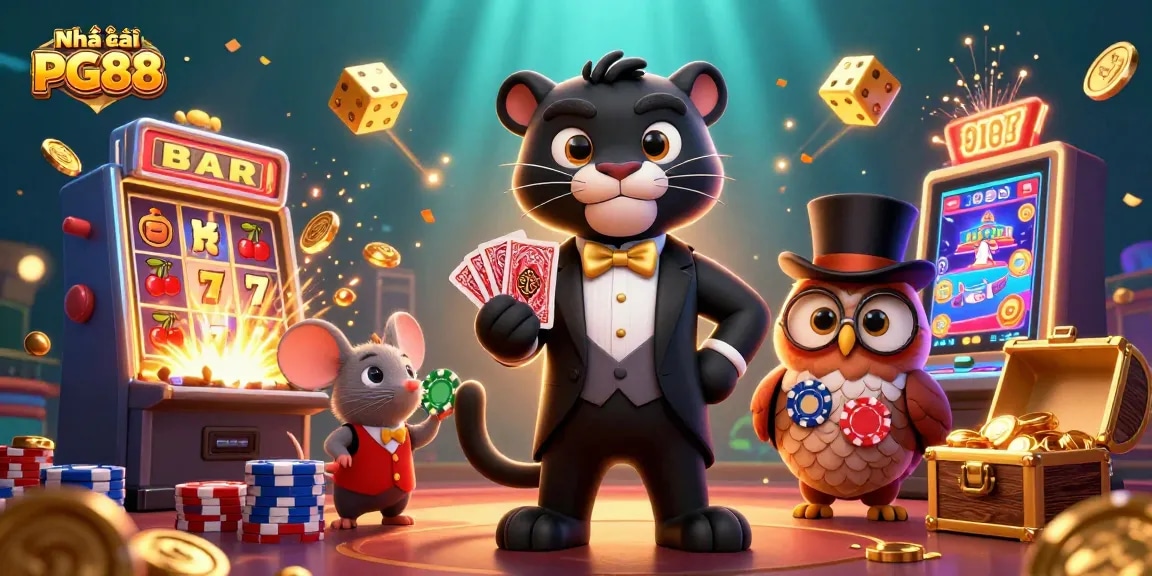 Engage with Nhà cái PG88 in a vibrant casino scene featuring a stylish panther dealer and lucky characters.