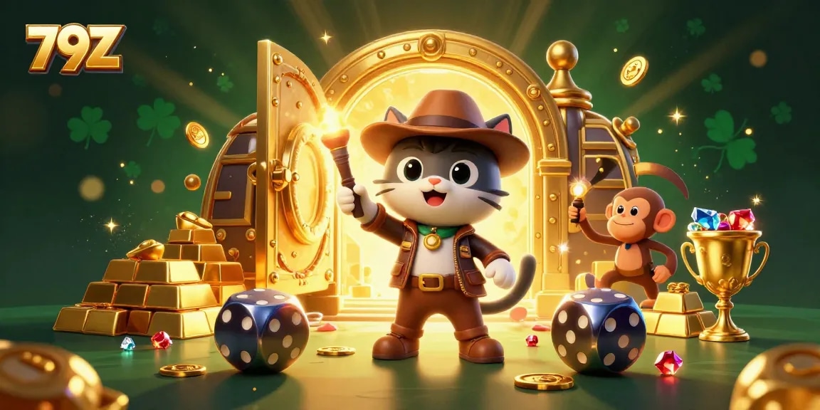 Experience the thrill of 79Z with adventurers uncovering hidden casino treasures, filled with dazzling riches.