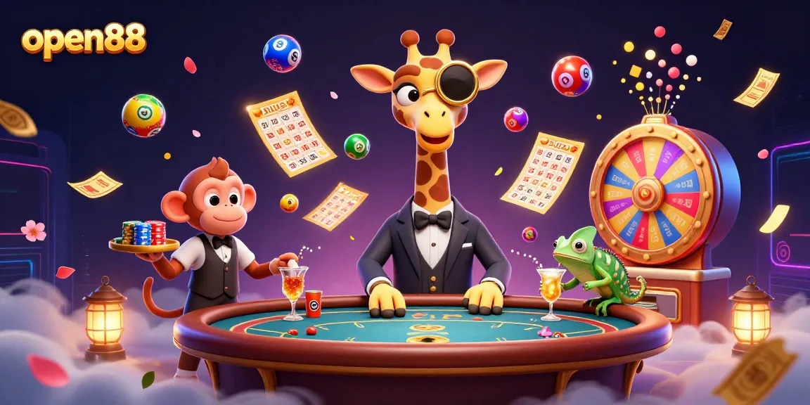 open88 entertains players with vibrant casino scenes featuring a high-roller giraffe, monkey valet, and chameleon bartender.