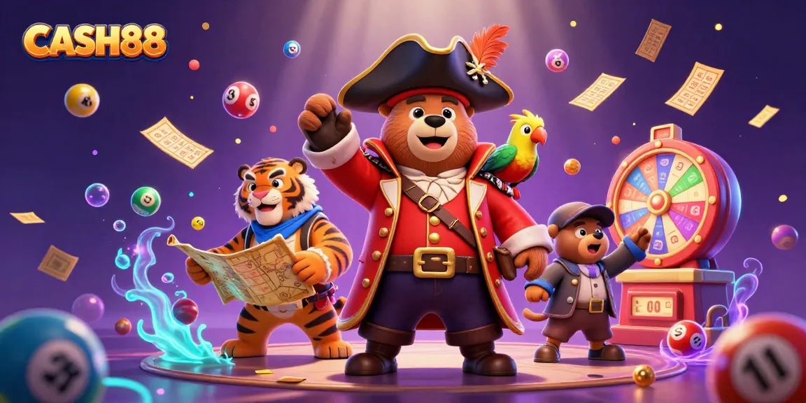 CASH88 players dive into adventure with vibrant lottery elements and a colorful treasure map.