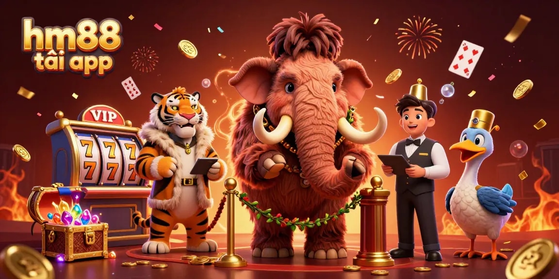 Experience exciting gameplay with the hm88 tải app, featuring immersive illustrations of a mammoth bouncer and lively casino elements.