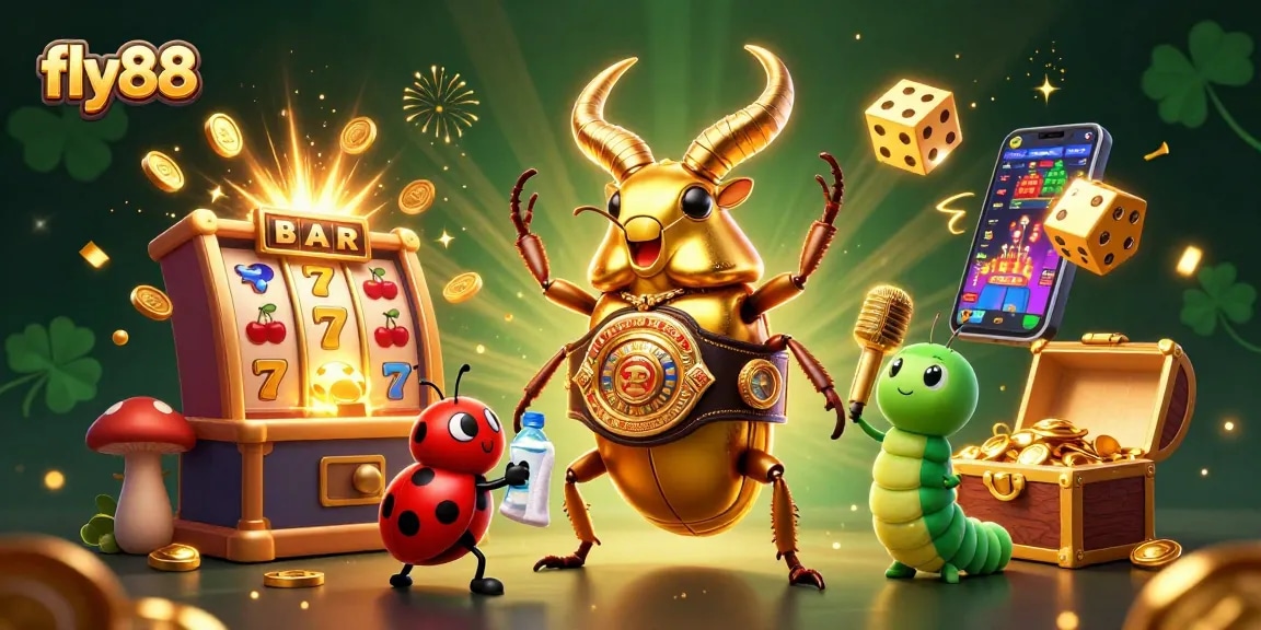 Experience excitement at fly88 with a golden stag beetle champion and vibrant gambling visual elements.