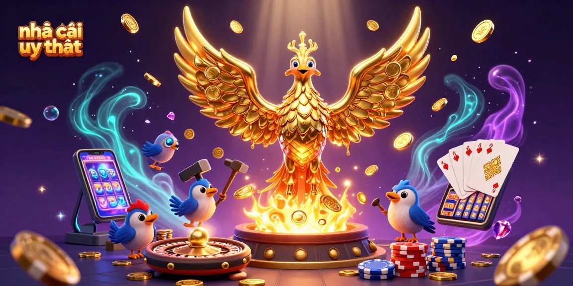 Experience excitement with nhà cái uy tín showcasing a golden phoenix and casino thrills.