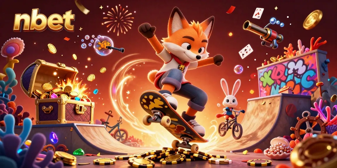 nbet promotes excitement with a skateboard fox and BMX rabbit among casino treasures and symbols.