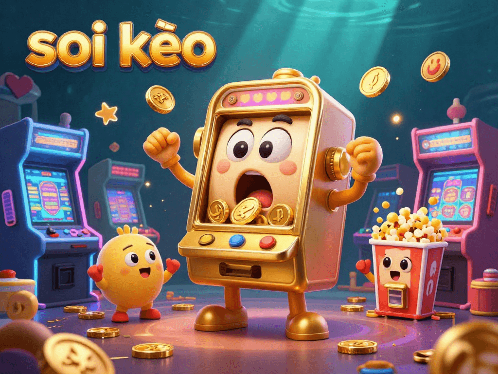 Engage in thrilling soi kèo action as a cartoon golden slot machine wins its jackpot while cheerful baby slots cheer.