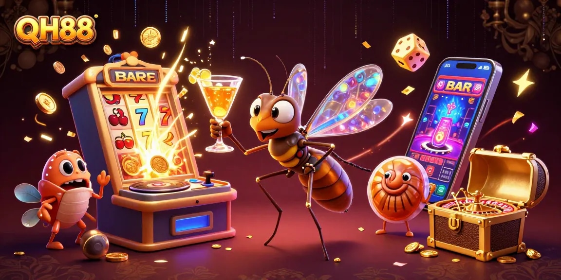 Engage in thrilling gameplay at QH88 with an energetic casino scene featuring unique characters and vibrant elements.