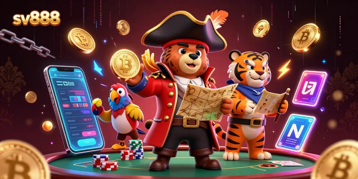 Engage in thrilling poker action with sv888, featuring a bear captain and tiger first mate beside crypto elements.