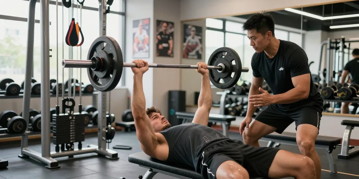 Globale Pharma Steroide im Fitnessstudio: Sportler trainiert mit Gewichten, motivierende Atmosphäre