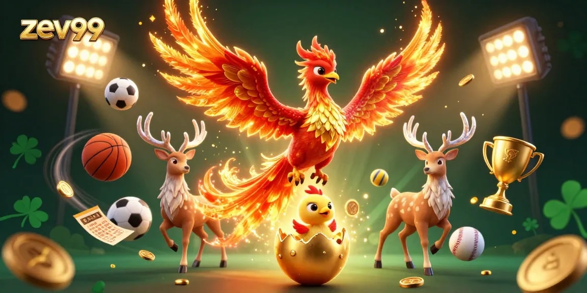 Experience zev99 in a vibrant 3D illustration with mythical creatures and dynamic gambling elements.