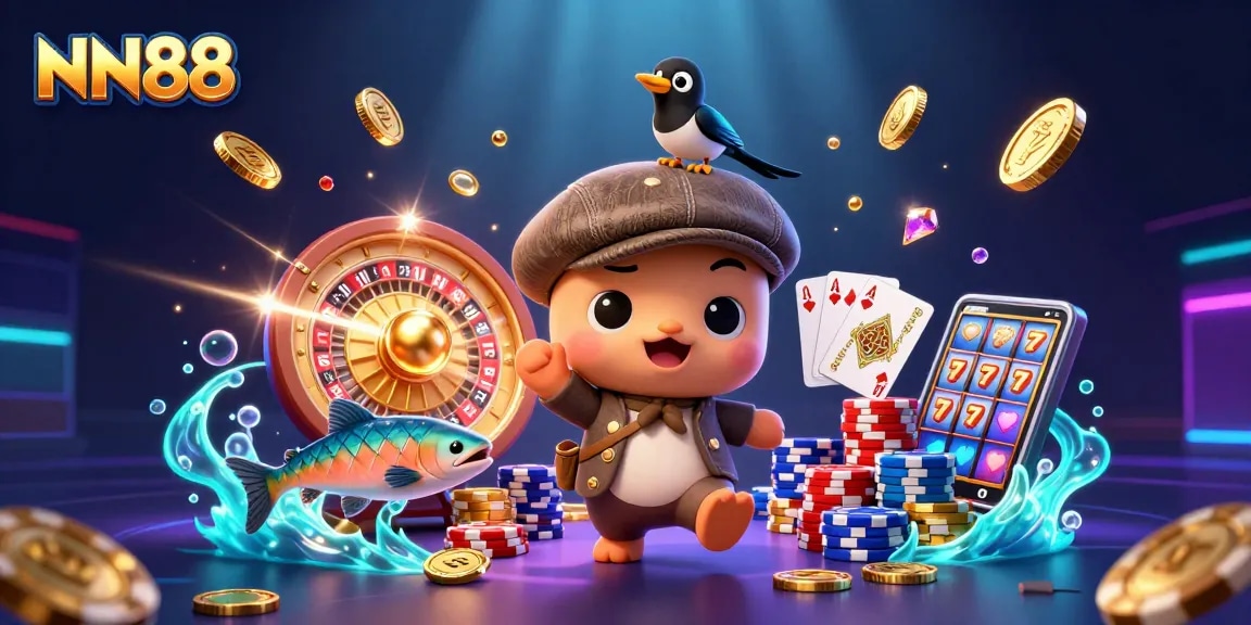 Spin and win with NN88's vibrant casino adventure featuring unique characters and dynamic gaming elements.