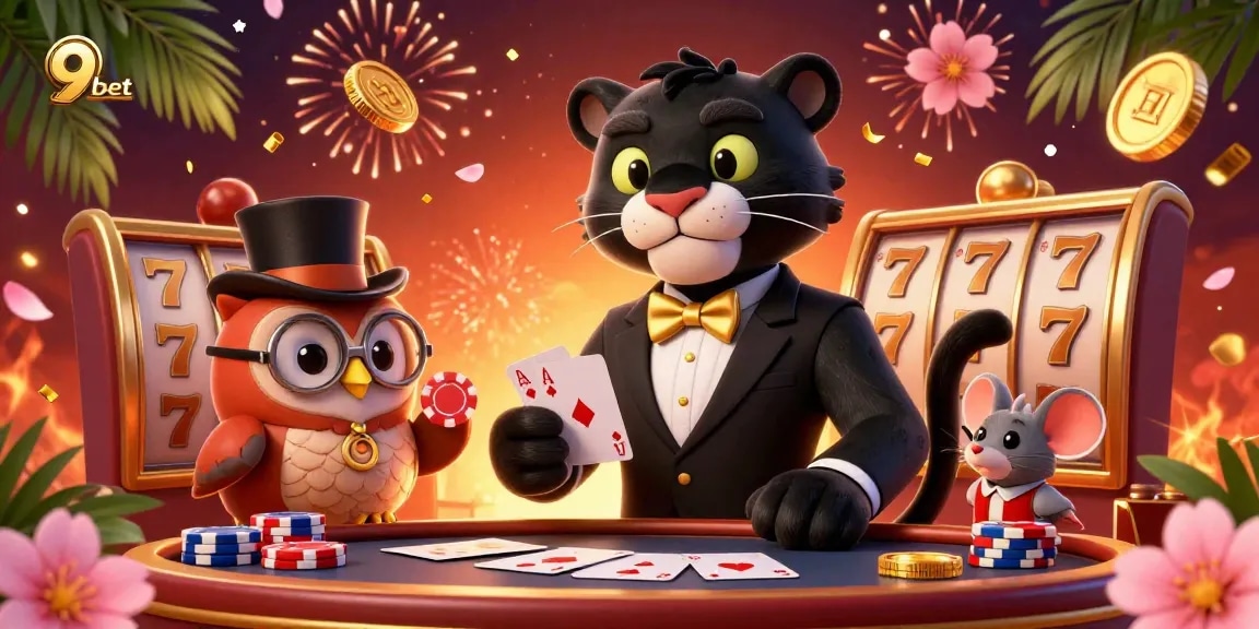 Experience the excitement of 9bet with a vibrant 3D casino illustration featuring dynamic characters and games.