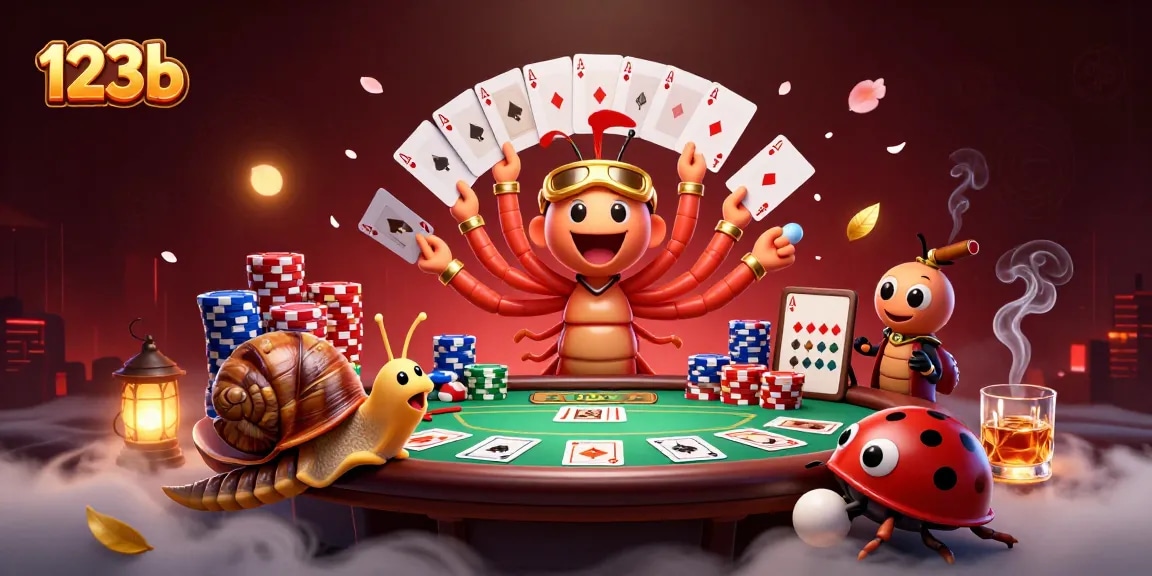 Experience the thrill of 123b with a cartoon millipede dealer and high-roller snail among colorful poker chips.