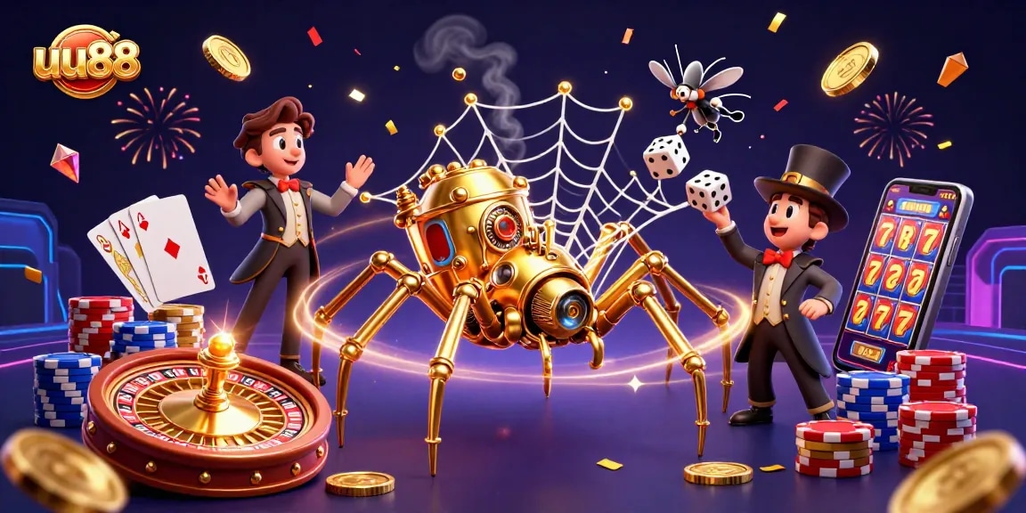 Engage with uu88's thrilling games featuring a golden spider, coins, and vibrant casino elements.