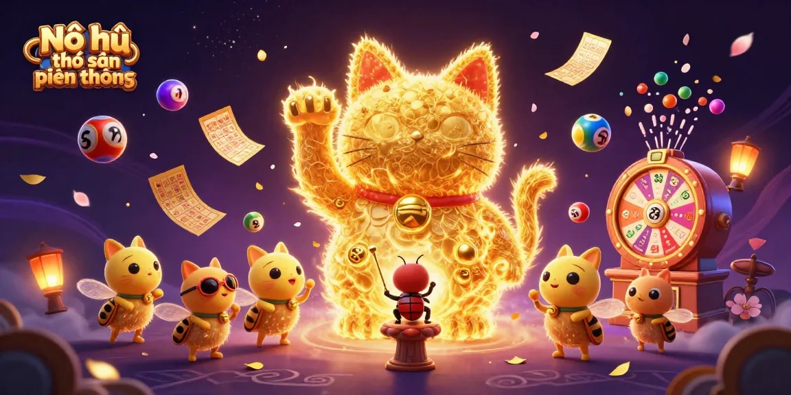 Nổ hũ thợ săn tiền thưởng showcases a fun 3D scene with a lucky cat made of fireflies, dynamic casino symbols, and vibrant lottery elements.