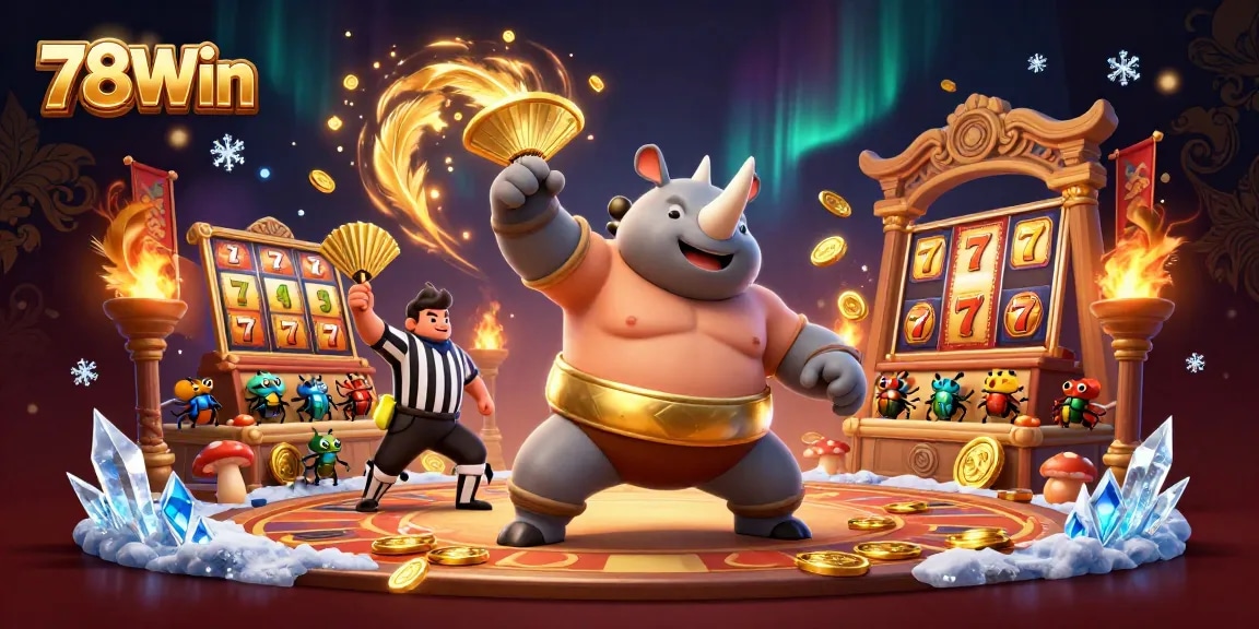 Experience the excitement of 78Win with unique characters in a dynamic casino scene.