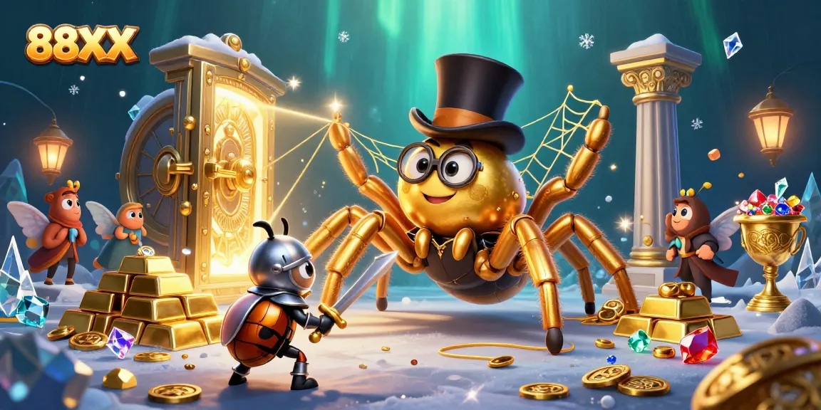 Immerse in 88XX's vibrant casino adventure featuring a golden tarantula and brave knight's journey.