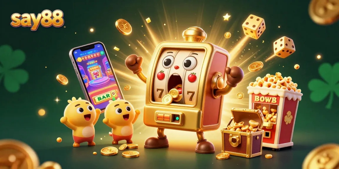 Experience the excitement of say88 with a joyful golden slot machine hitting the jackpot, surrounded by cheering characters.