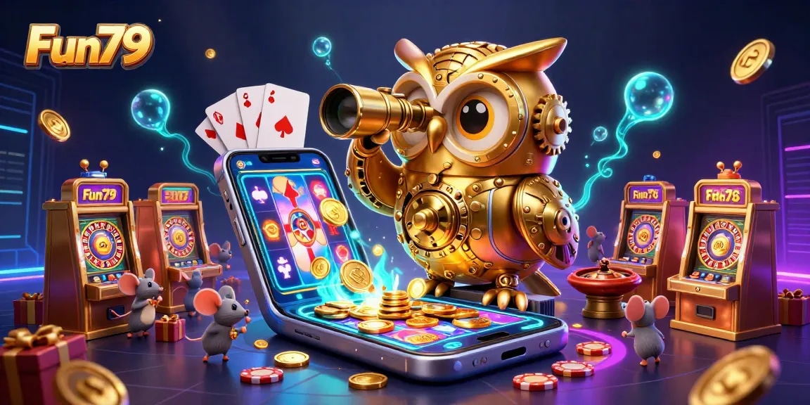 Experience Fun79's vibrant casino scene with golden owl, slot machines, and action