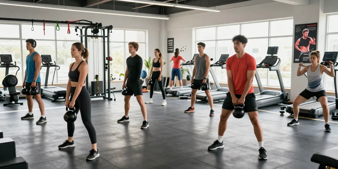 Selliza Pharma Shop in use: Vielfältige Fitnessaktivitäten im modernen Studio mit motivierten Sportlern.