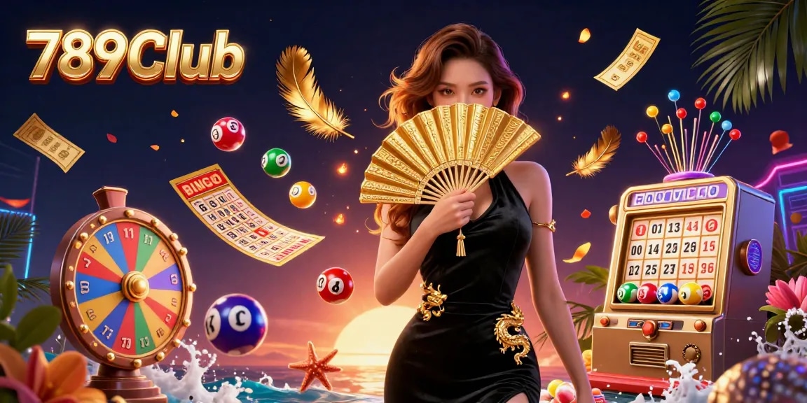 Engaging 789Club scene with dynamic lottery elements and a stunning Asian woman in a luxurious setting.