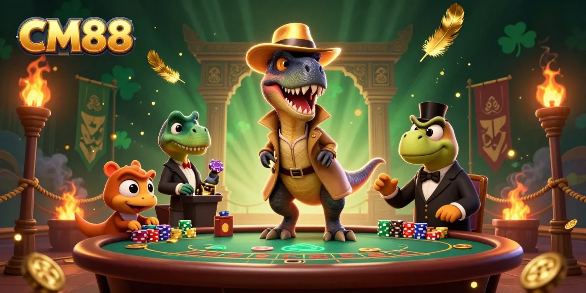 CM88 velociraptor counter trying to win chips amidst vibrant casino scene with dinosaurs