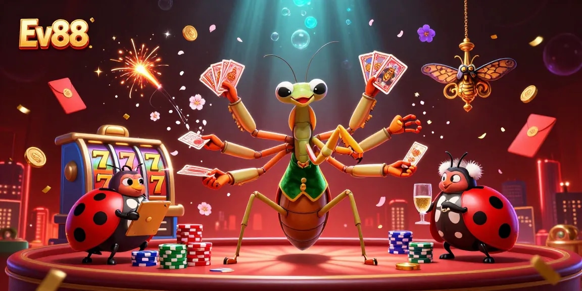 Ev88 offers an exciting casino experience with vibrant characters dealing cards amidst spinning slot reels.