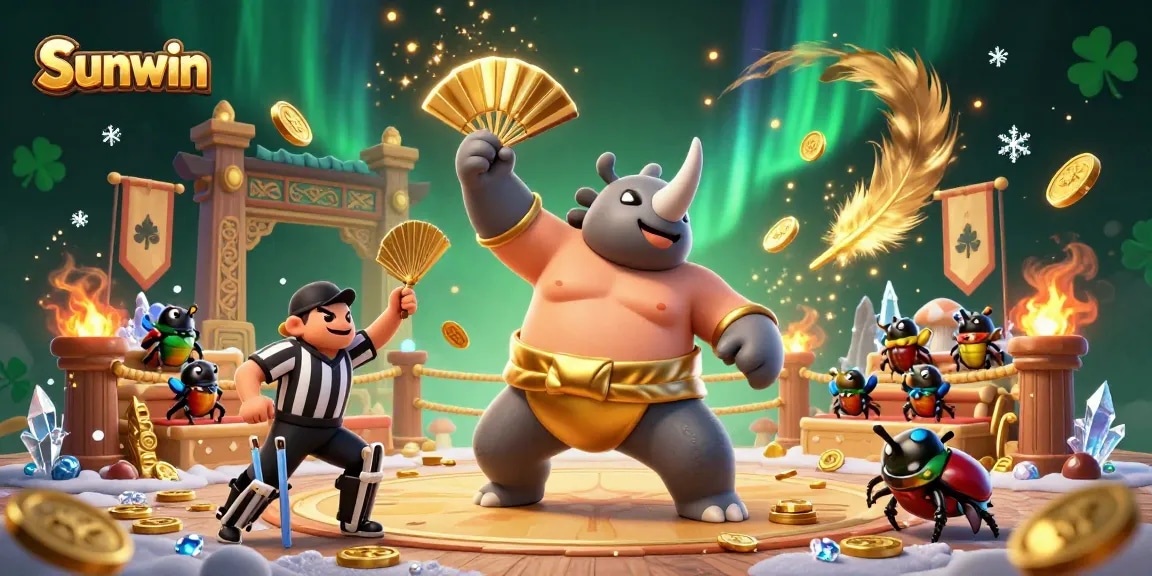 Sunwin showcases a thrilling online casino scene with beetles, coins, and excitement.