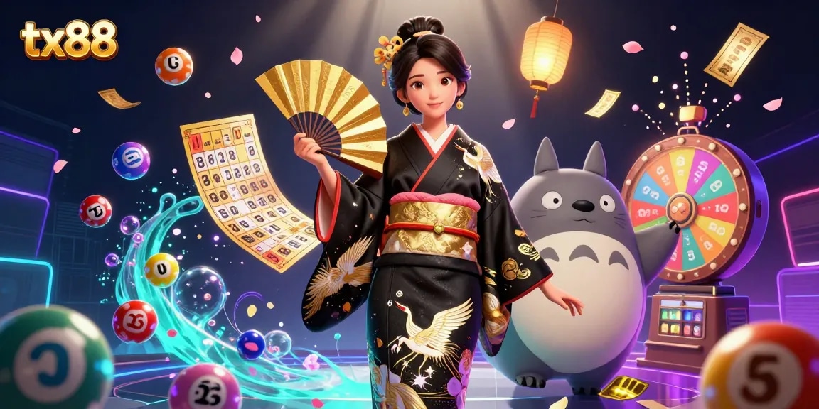 Engaging tx88 themed illustration showcasing a vibrant lottery scene with dynamic gaming elements.