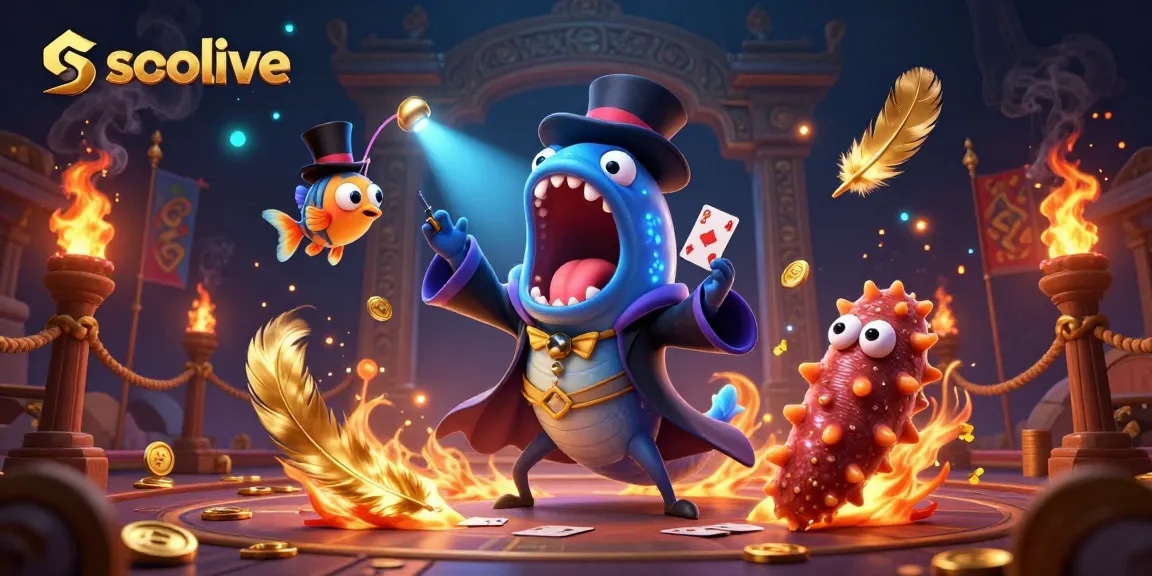 Socolive showcases an enchanting scene with a bioluminescent eel performing card tricks amidst magical gambling elements.