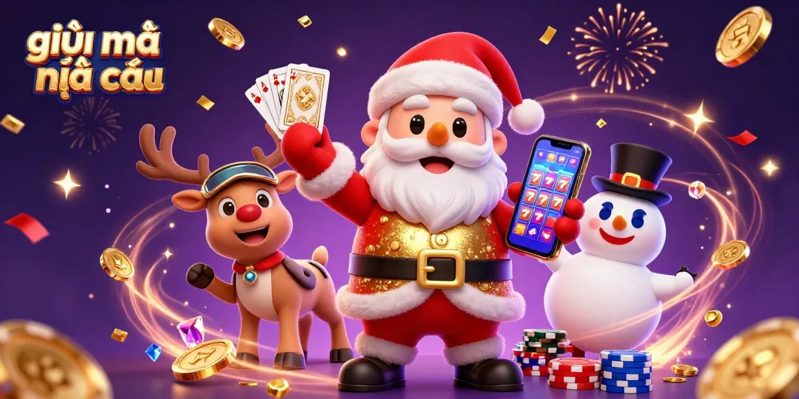 Win big with giải mã nhà cái as Santa and friends celebrate in a dazzling casino scene.