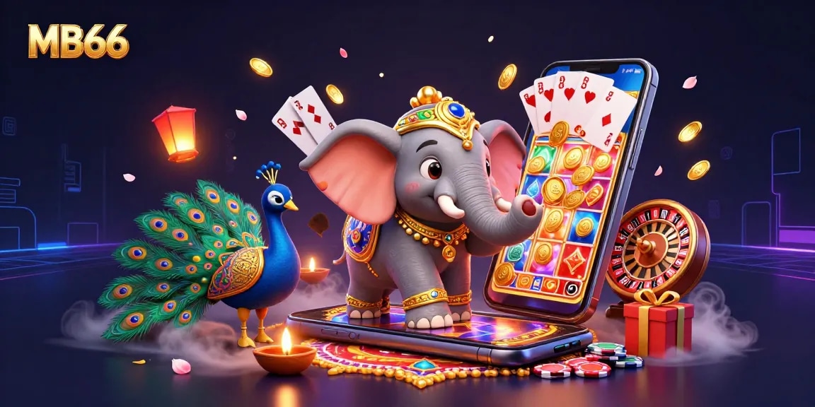 Engage with MB66's vibrant casino vibe showcasing a 3D elephant and gaming elements.