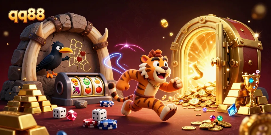 Experience thrilling wins at qq88 with vibrant cavemen and a tiger running a prehistoric casino.