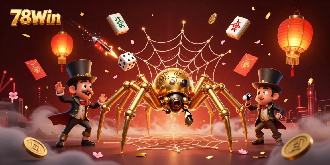 78Win captivates gamers with a vibrant casino scene of a whimsical spider and festive elements.