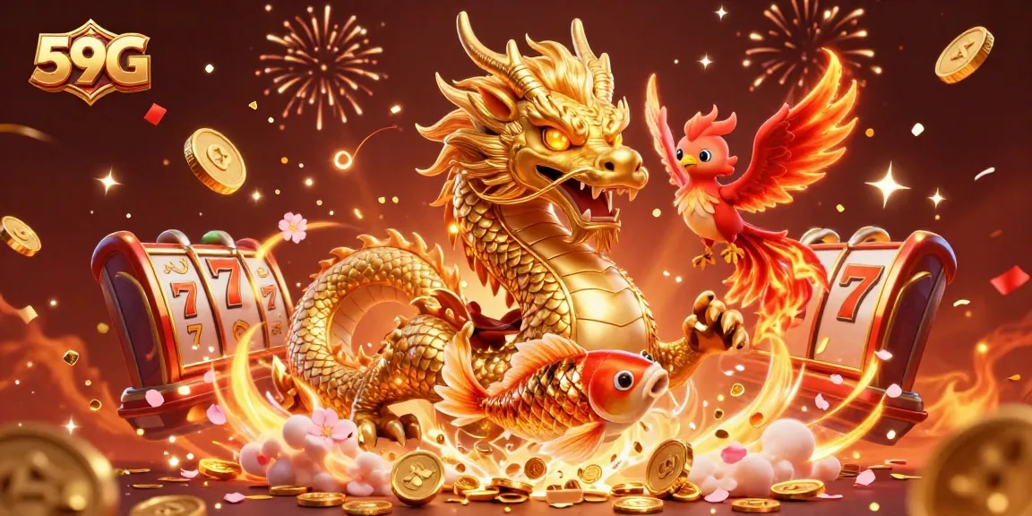 Join the excitement with 59G's dragon and phoenix as they celebrate jackpots in a sea of coins!