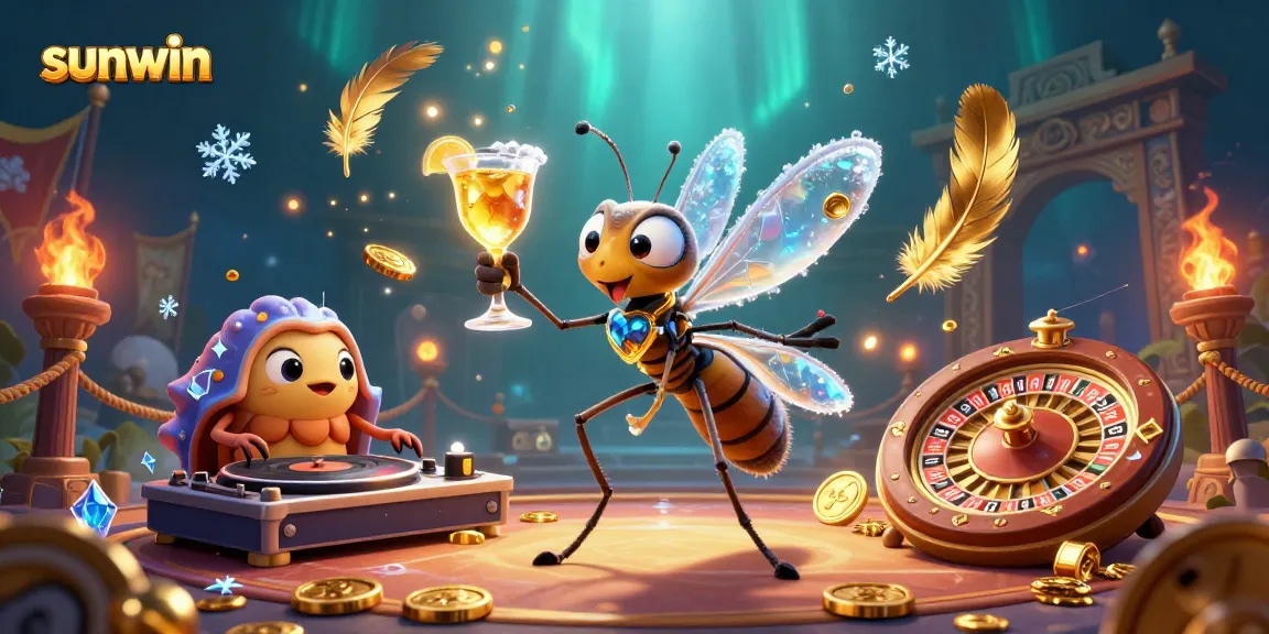 Engage with sunwin's vibrant casino world featuring a unique frozen mosquito mascot, trilobite DJ, and roulette inspired elements.