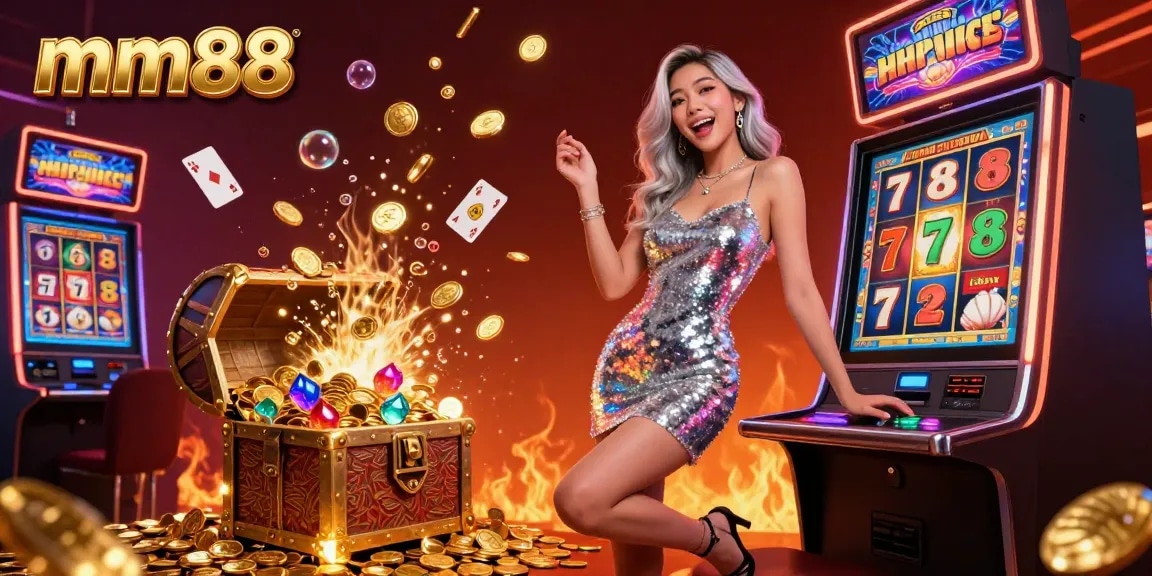 Experience mm88 excitement with a stunning Asian woman celebrating a jackpot win at a vibrant casino.
