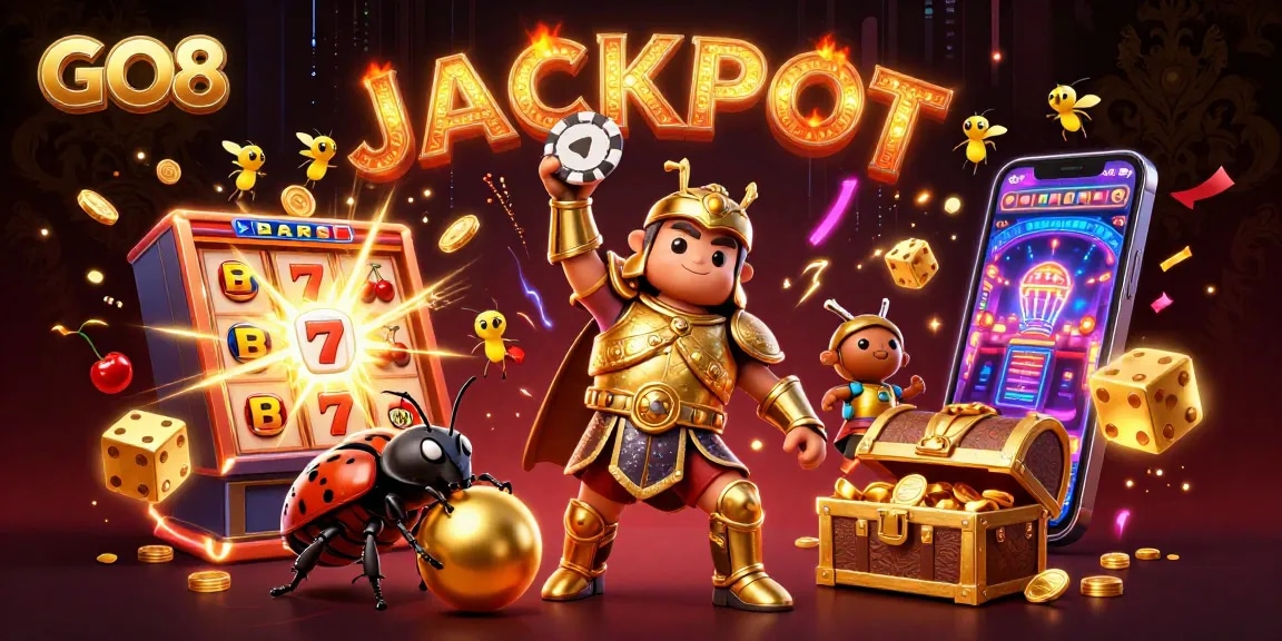 Experience the excitement of GO8 with vibrant characters and a jackpot-winning scene full of casino action.
