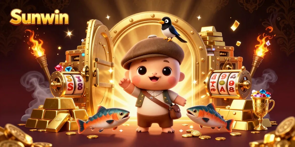 Experience the thrill with Sunwin; a vibrant 3D scene featuring Nessie, a magpie, and salmon amidst golden treasures and slot reels.