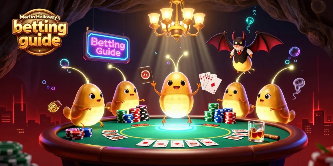 Engage with Martin Holloway’s betting guide featuring a vibrant 3D casino scene with glowworms and a bat dealer.