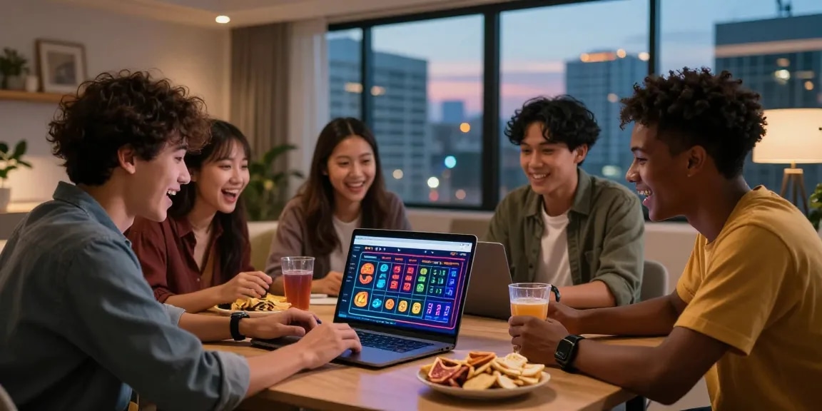 Togel88 Rtp Terbaru online gambling scene with friends analyzing betting data, showcasing excitement and camaraderie.