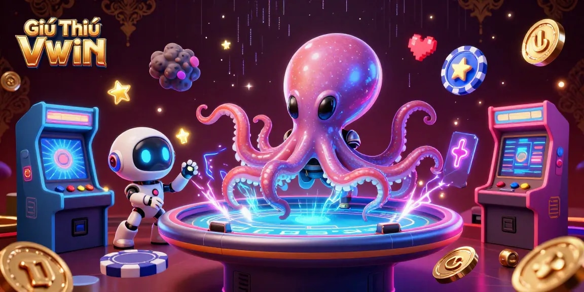 Giới Thiệu VWIN showcases a dynamic 3D alien octopus engaging with a holographic poker table amidst vibrant casino elements.