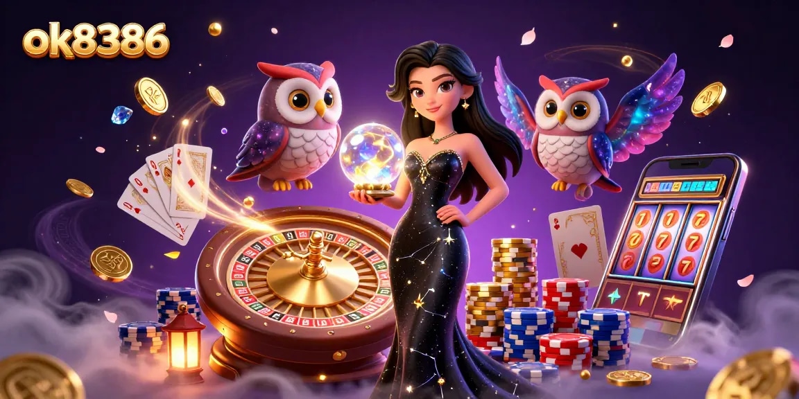 Engage with ok8386's thrilling casino experience featuring a mystical woman, golden coins, and vibrant gaming symbols.