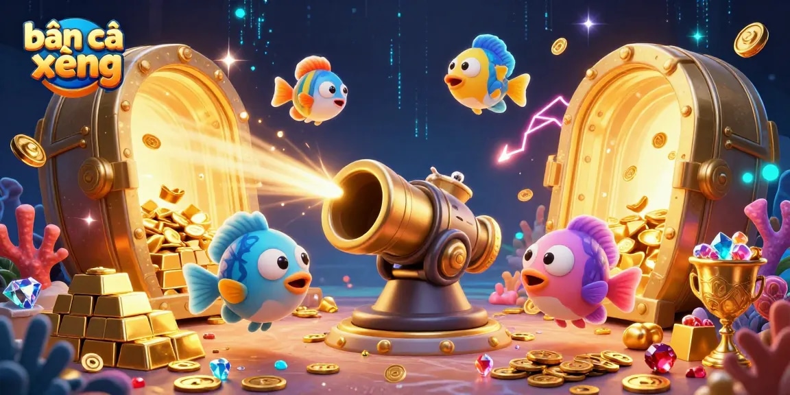 Catch big rewards with bắn cá xèng as vibrant fish surround a dynamic fish shooting cannon scene.