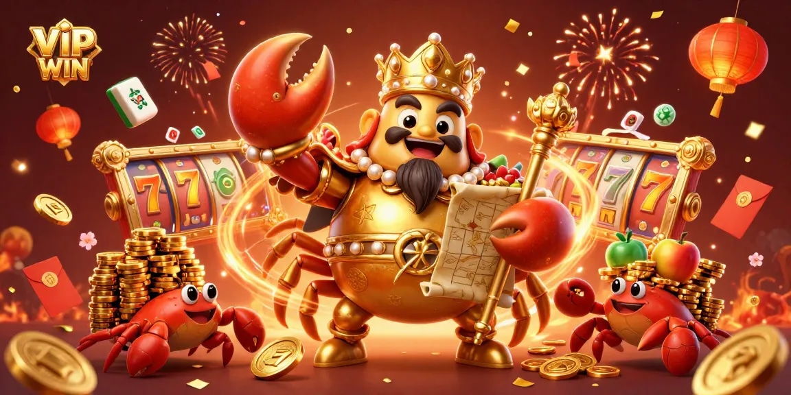 Engage in thrilling casino slots action with VIPWIN featuring a majestic golden crab emperor and exciting elements.