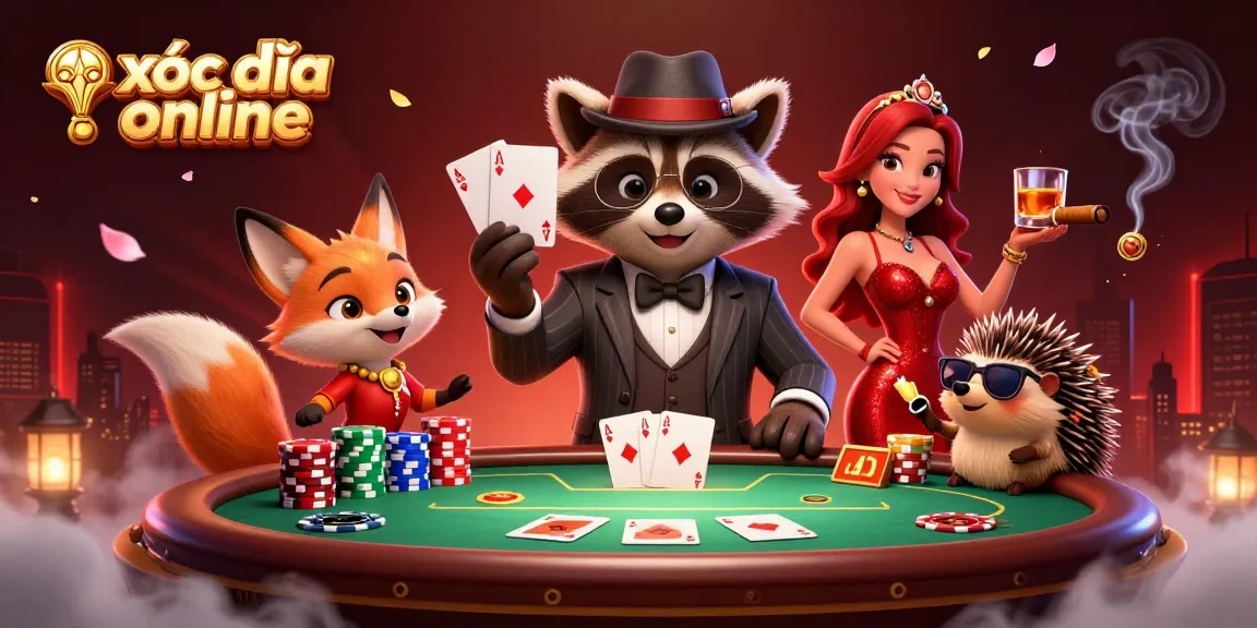 Experience xóc đĩa online thrills in this dynamic casino scene featuring a raccoon, fox, and hedgehog.