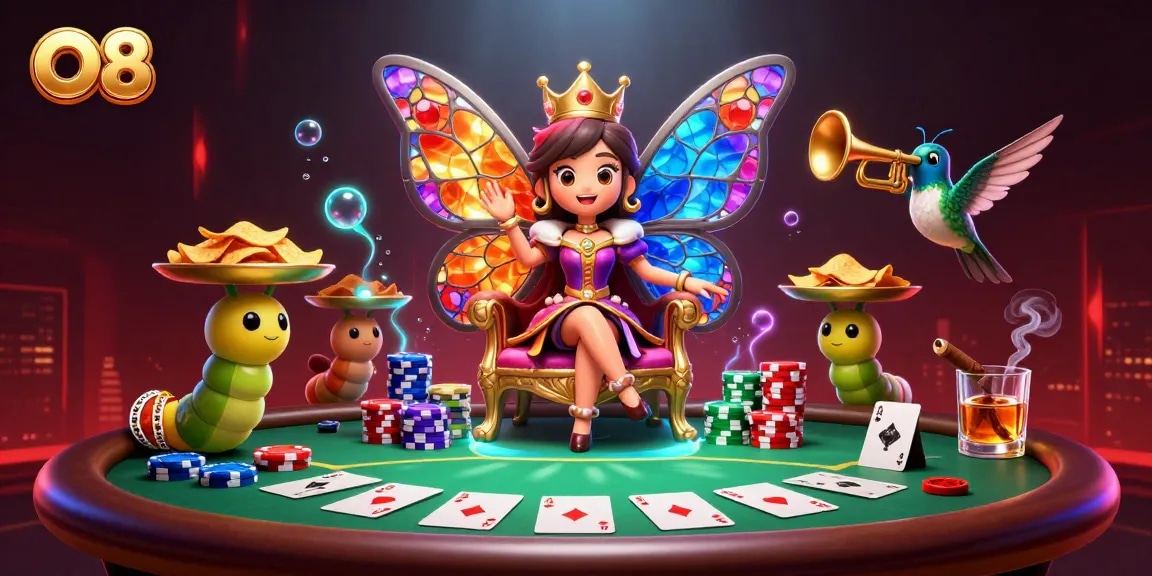O8's butterfly queen commands the casino with vibrant poker chips and card elements.