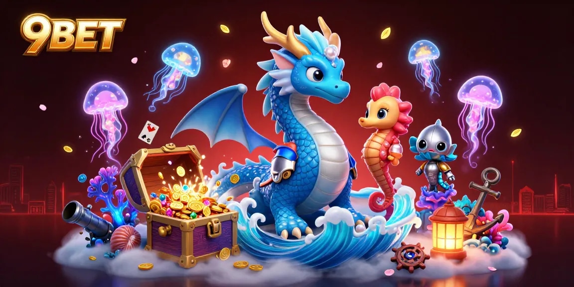 Experience the excitement at 9BET with a vibrant underwater adventure showcasing a 3D water dragon and treasure.