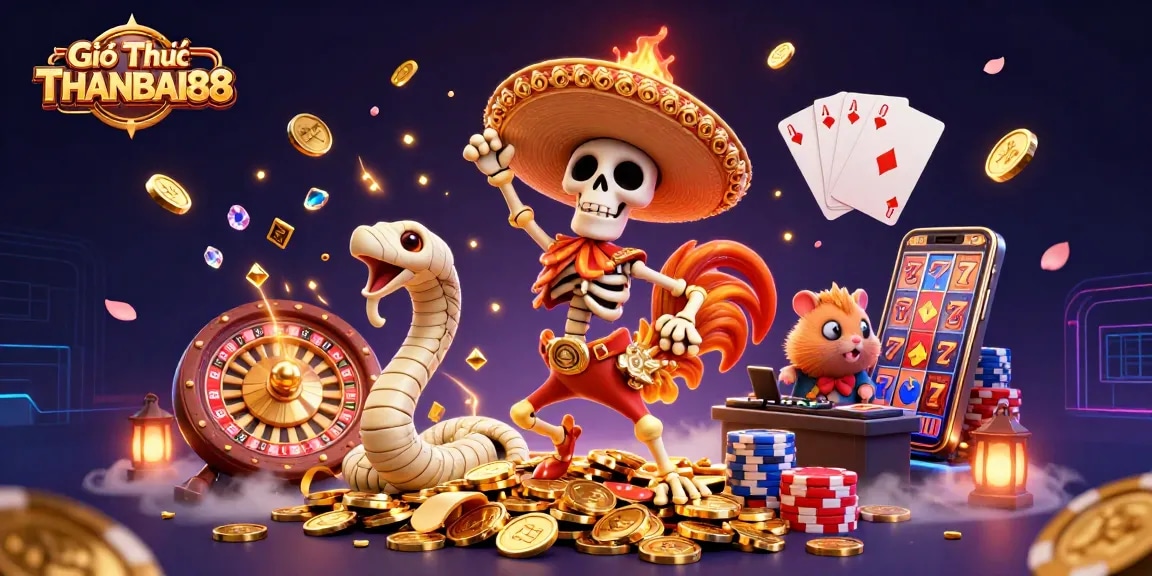 Giới Thiệu THANBAI88 showcases exciting casino elements in a vibrant 3D scene.